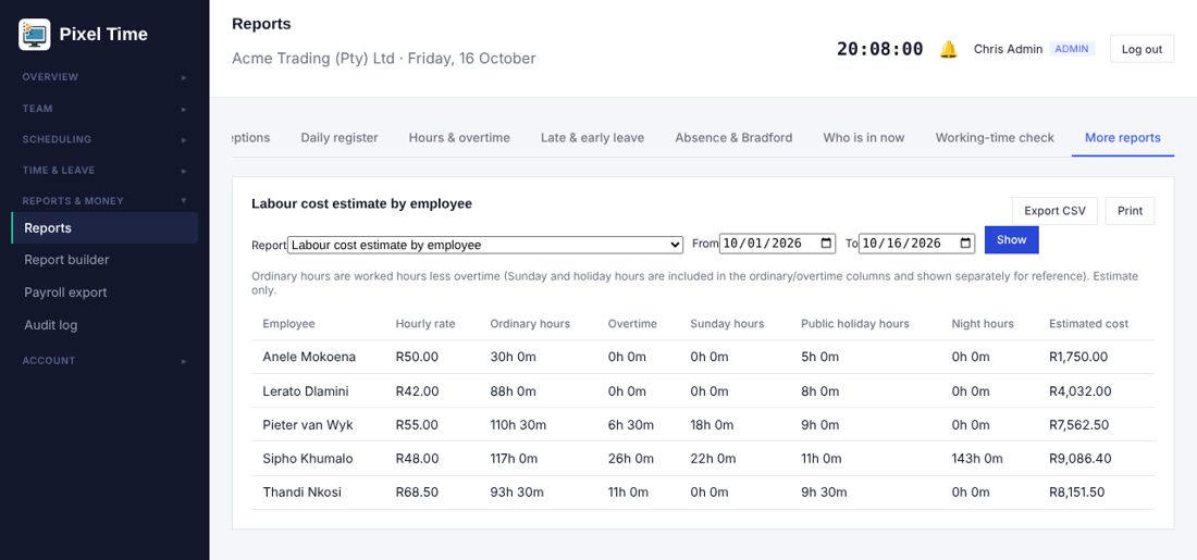 Labour cost by employee.