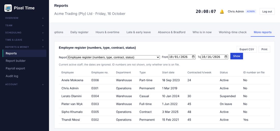 Employee register.