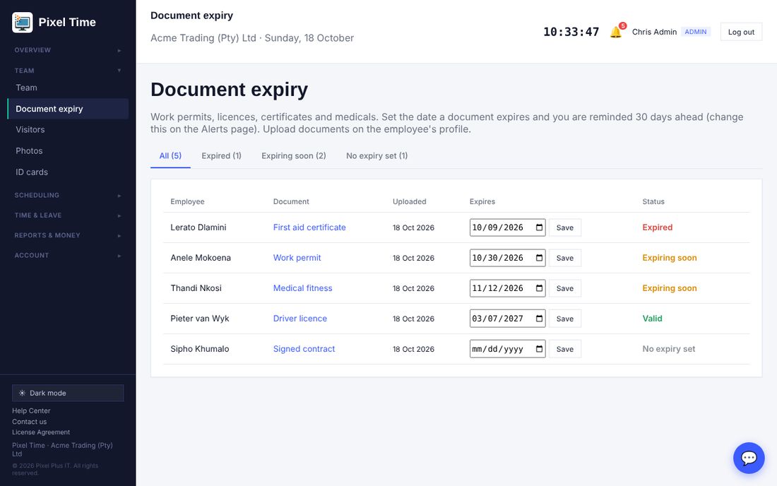 Document expiry: every document with its date and status.