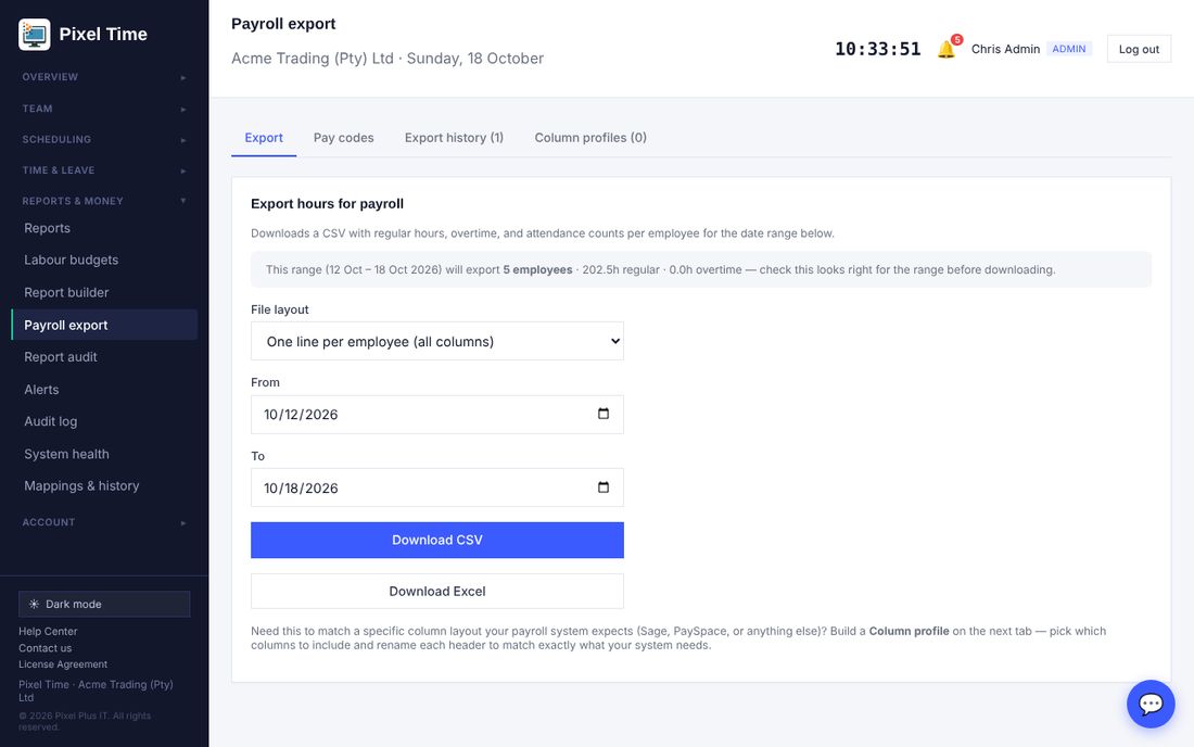 Payroll export: Download CSV or Download Excel.