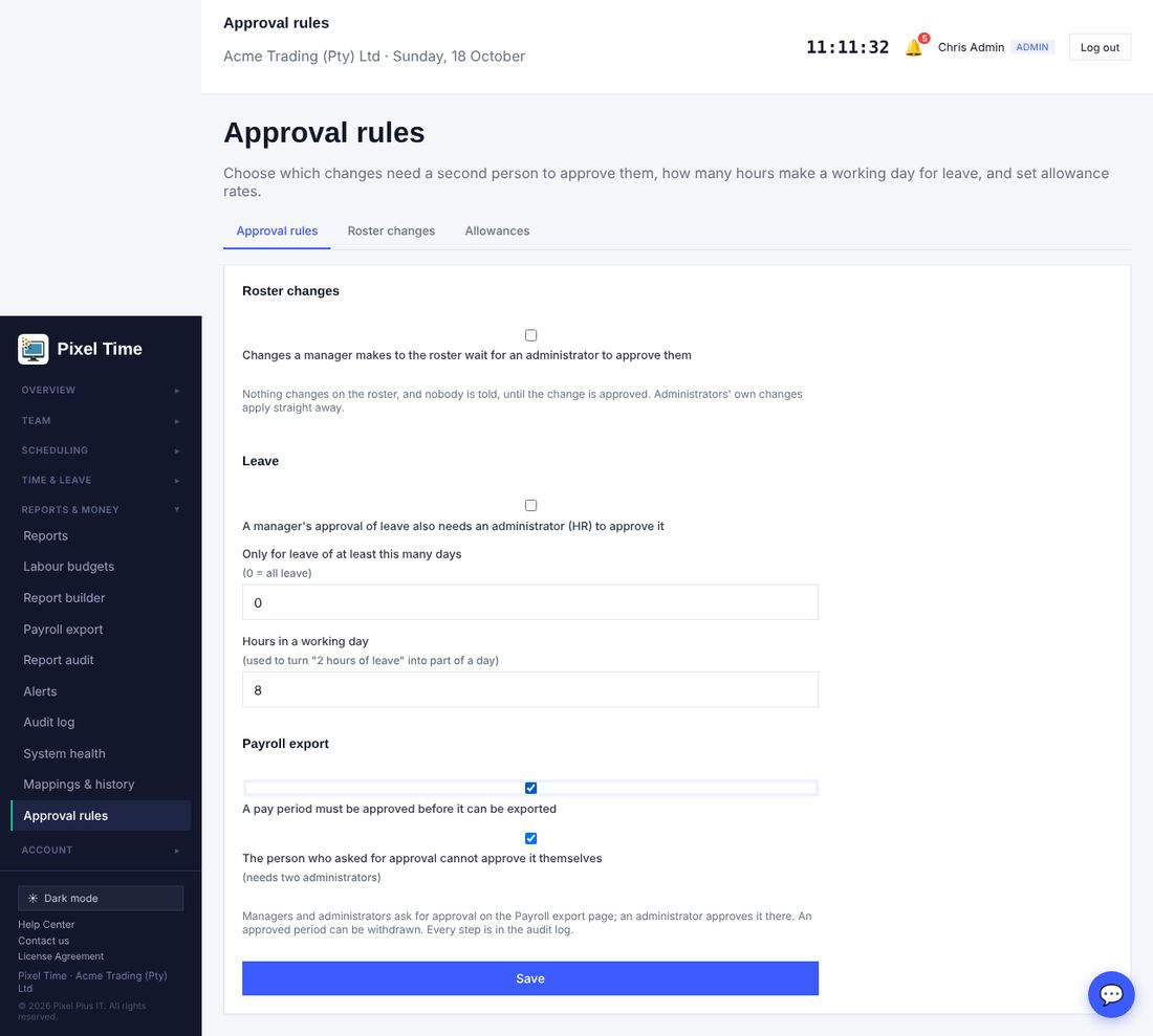 Approval rules: payroll export approval.