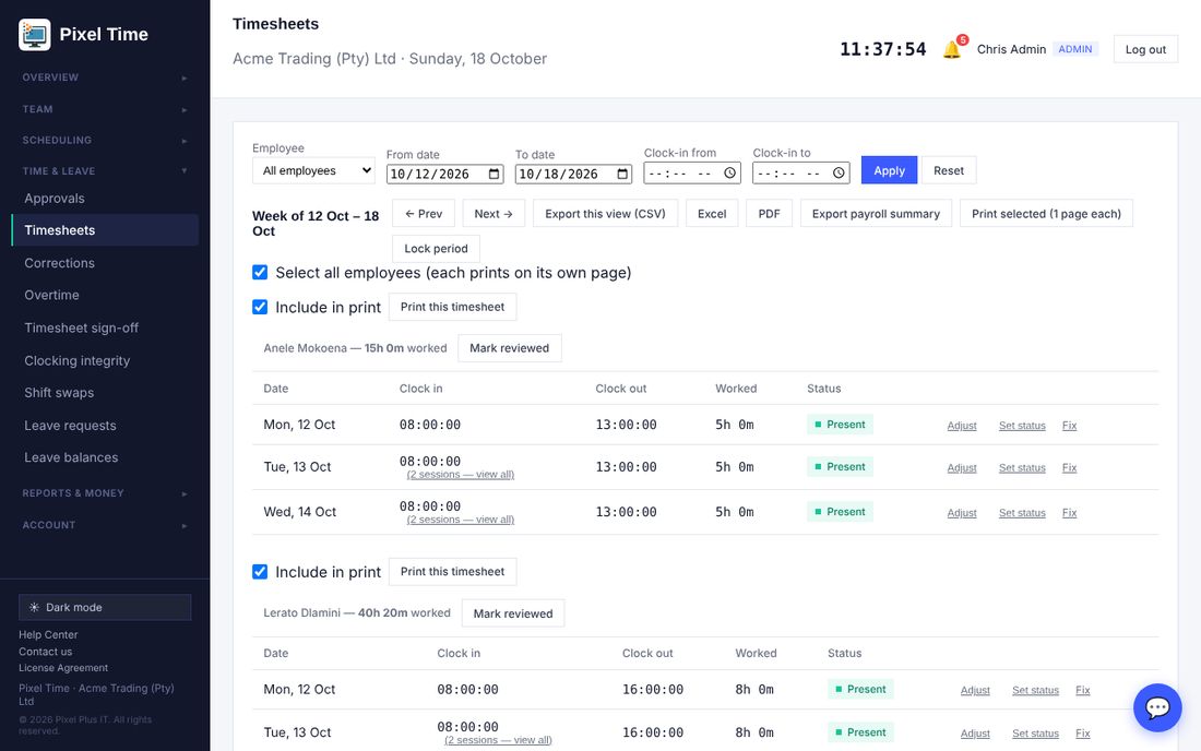 Timesheets: CSV, Excel and PDF.