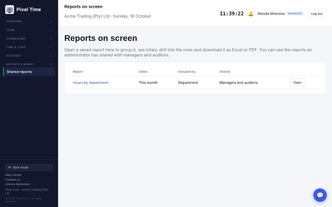What a manager sees: only shared reports.