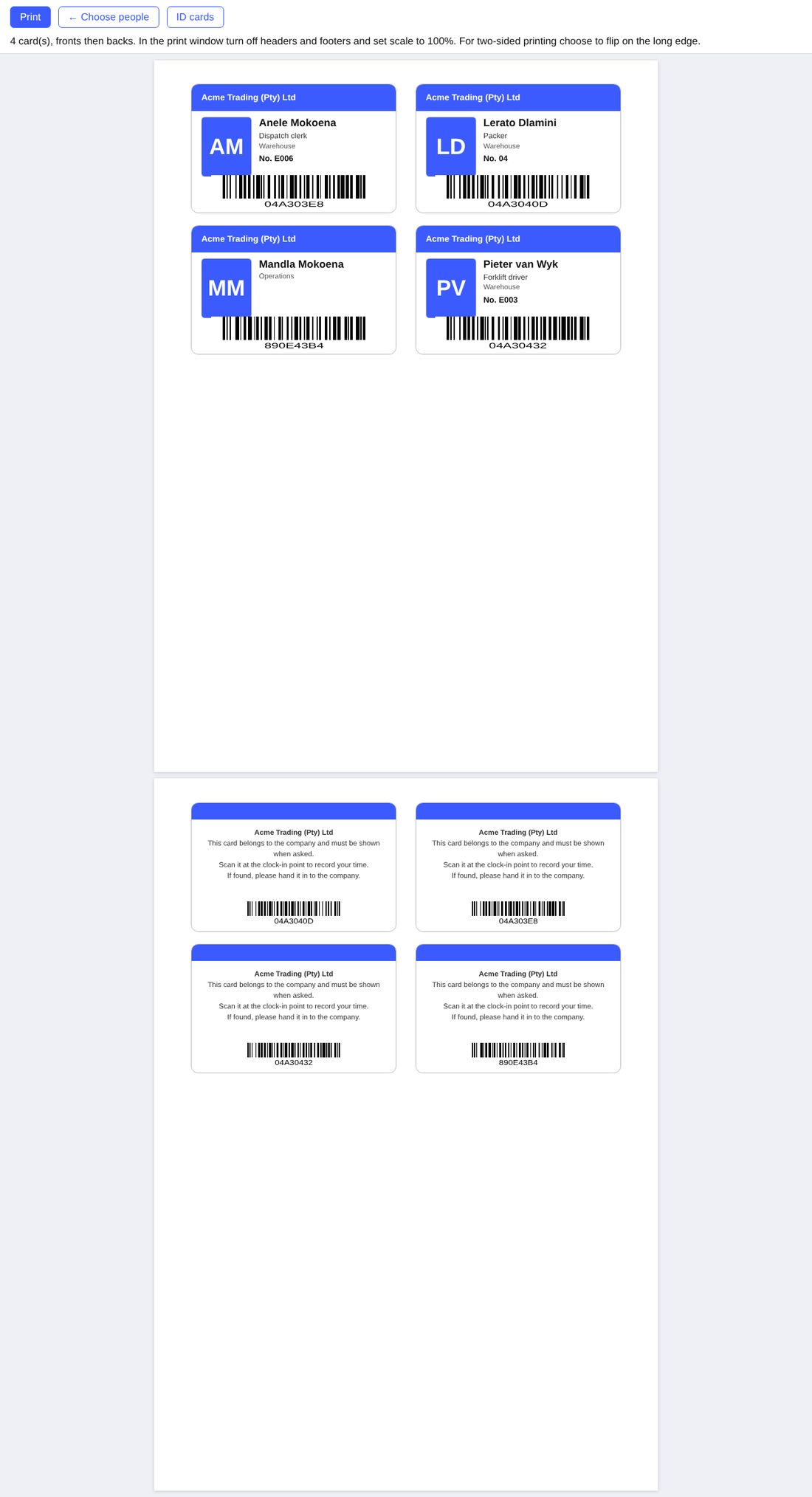 A4 sheet preview: photo, name, job title, department, employee number and barcode.