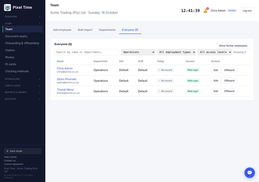 Filtering the team list by department.