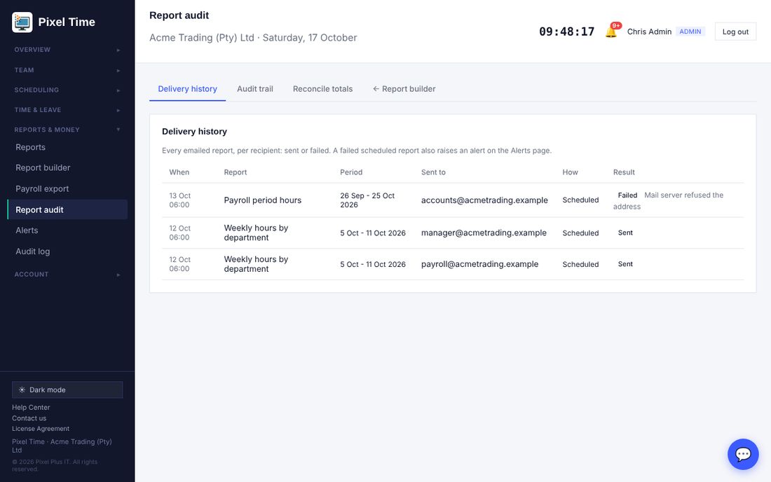 Every emailed report, per person: sent, or failed with the reason.