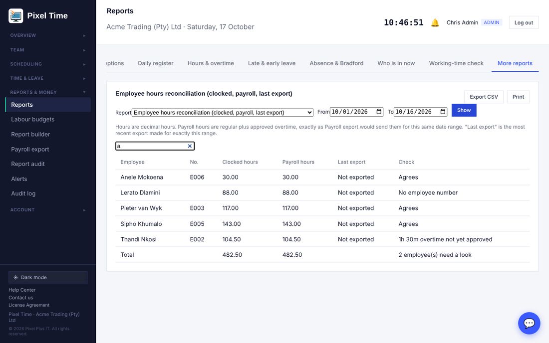 Hours reconciliation: clocked hours, payroll hours, the last export, and what needs a look.