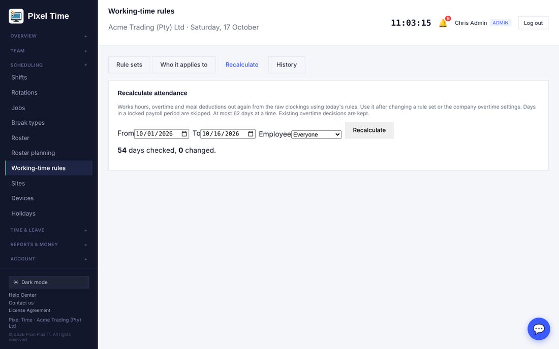 The result says how many days were checked and changed, and lists each change.