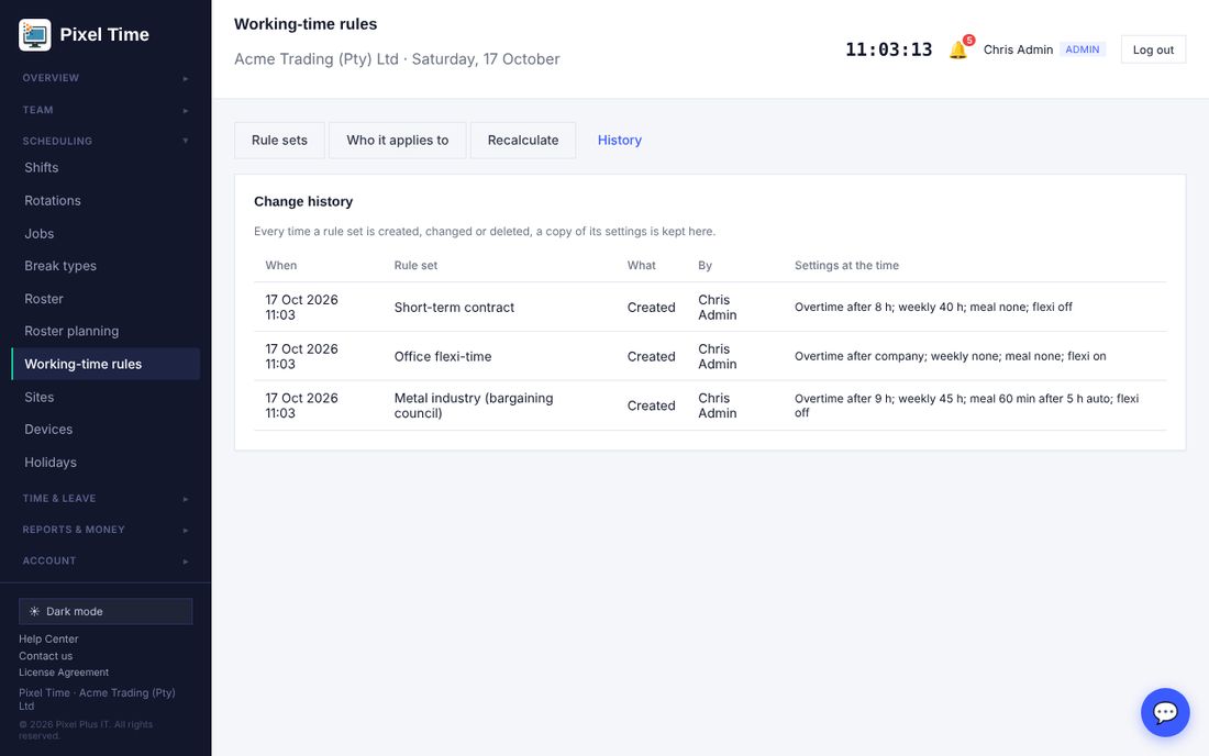 Every time a rule set is created, changed or deleted, its settings are kept with who did it and when.