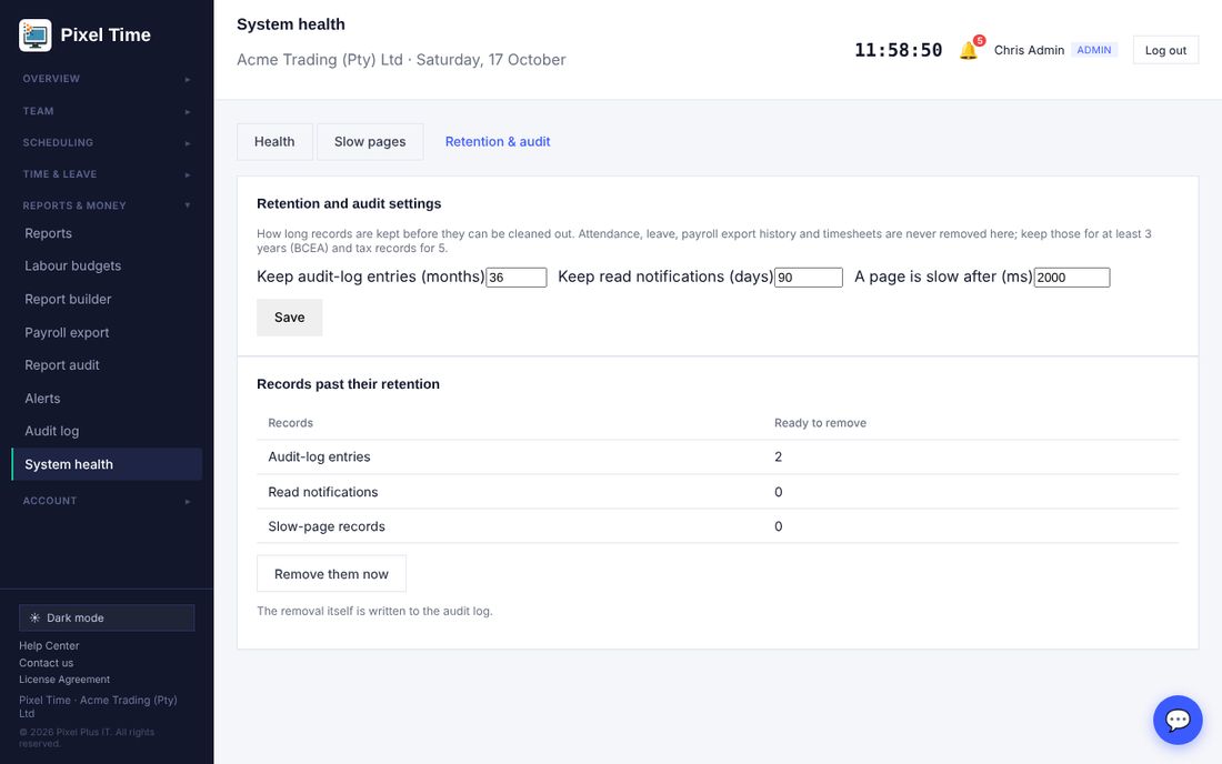 Retention settings and what is ready to remove.